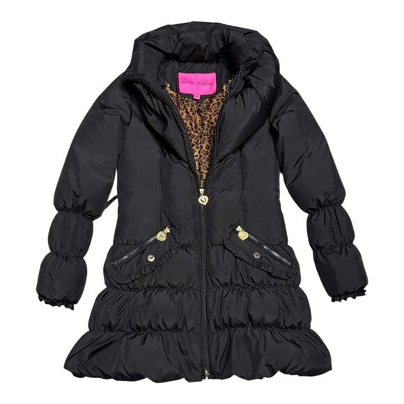 BETSEY JOHNSON Down Fill Black Winter Puffer Parka Cheetah Jacket Coat Small - Picture 1 of 7